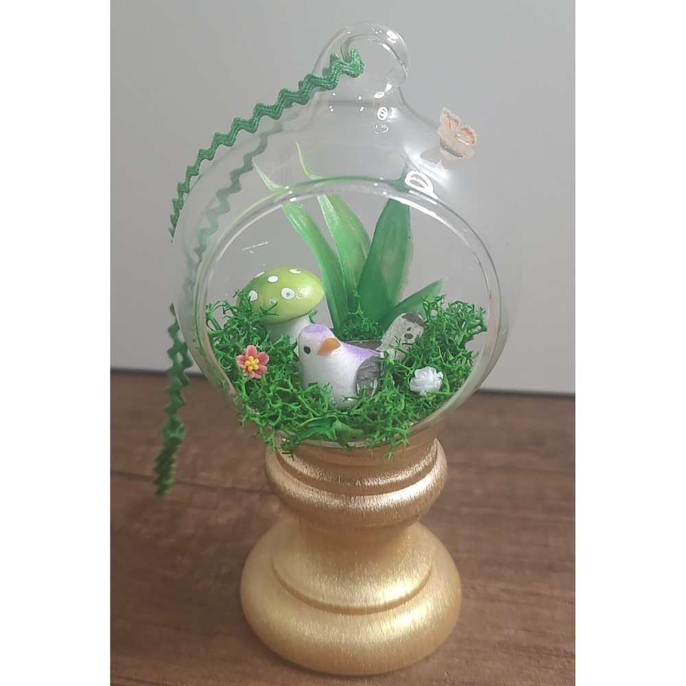 Bird Christmas Ornament Handmade Glass Diorama Mushroom Flowers Fairy Garden